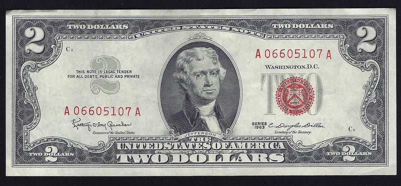 1953 USA $2 Two Dollar Bill Red Seal Number A06605107A (EF)