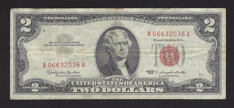 1953 USA $2 Two Dollar Bill Series (A) Red Seal Number A06632036A (VF)