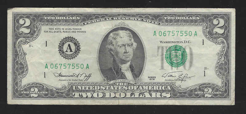 1976 USA $2 Two Dollar Bill Series (A) Green Seal Number A06757550A (Fine)