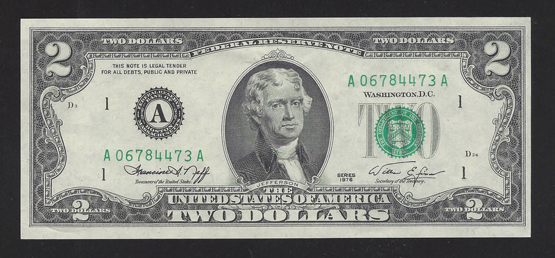 1976 USA $2 Two Dollar Bill Series (A) Green Seal Number A06784473A (UNC)