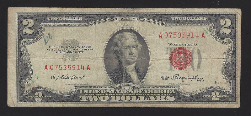 1953 USA $2 Two Dollar Bill Red Seal Number A07535914A (Fine)