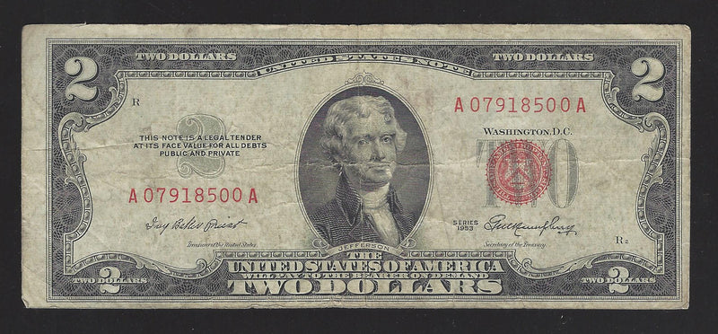 1953 USA $2 Two Dollar Bill Red Seal Number A07918500A (Fine)