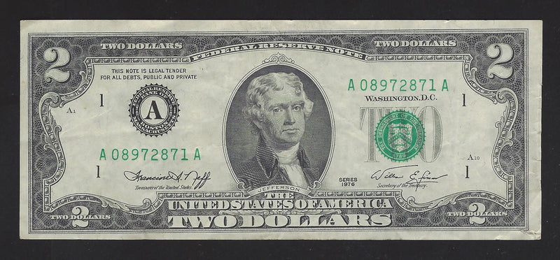 1976 USA $2 Two Dollar Bill Series (A) Green Seal Number A08972871A (VF)