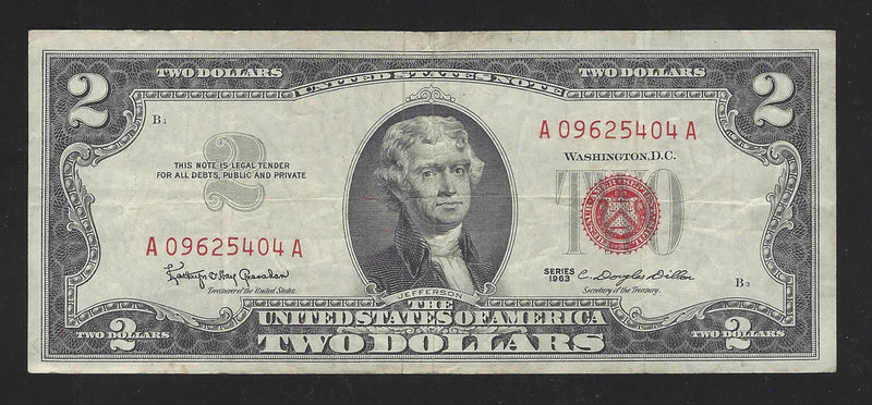 1953 USA $2 Two Dollar Bill Series (A) Red Seal Number A09625404A (VF)