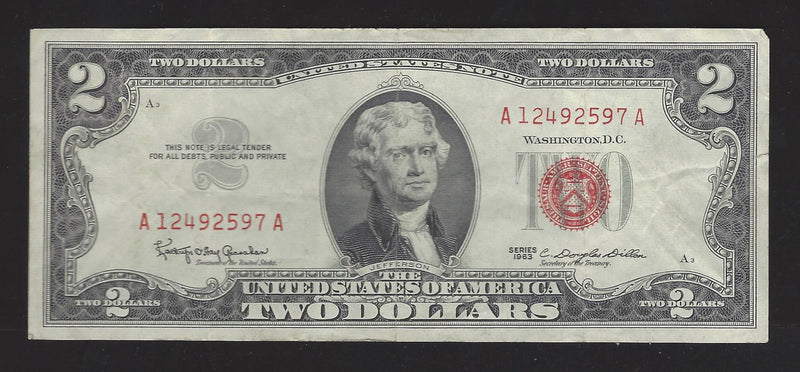 1953 USA $2 Two Dollar Bill Red Seal Number A12492597A (VF)