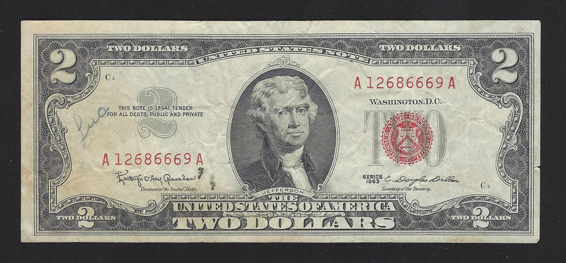 1963 USA $2 Two Dollar Bill Series (A) Red Seal