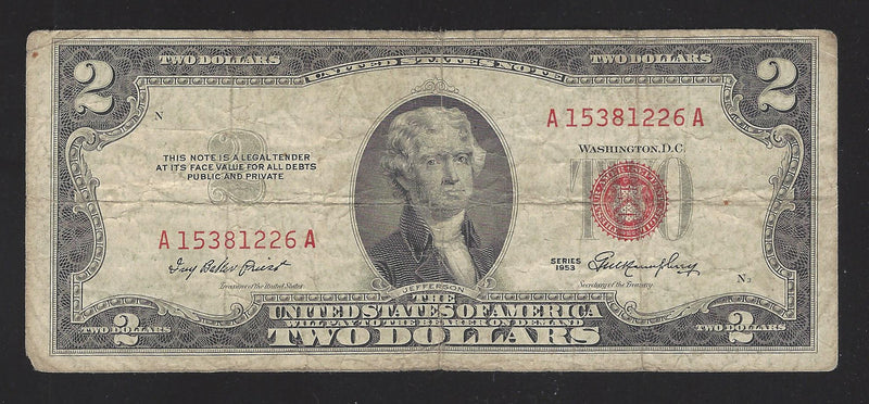 1953 USA $2 Two Dollar Bill Series (A) Red Seal Number A15381226A (VG-F)