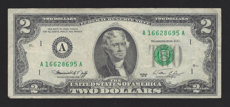 1976 USA $2 Two Dollar Bill Series (A) Green Seal Number A16628695A (VF)