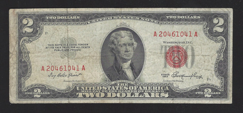 1953 USA $2 Two Dollar Bill Series (A) Red Seal Number A20461041A (VG-F)