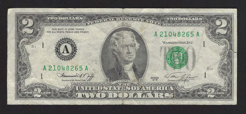 1976 USA $2 Two Dollar Bill Series (A) Green Seal Number A21048265A (VF)