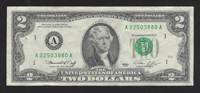 1976 USA $2 Two Dollar Bill Series (A) Green Seal Number A22503880A (VF)