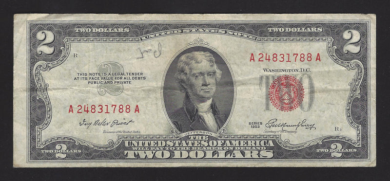 1953 USA $2 Two Dollar Bill Series (A) Red Seal Number A24831788A (VF)