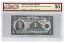 1935 Canada $1 Banknote Osborne-Towers Serie A English Text BC-1- Certified BCS  VF-30