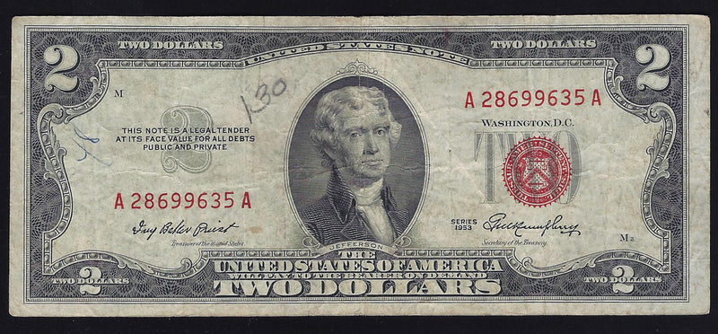 1953 USA $2 Two Dollar Bill Series (A) Red Seal Number A28699635A (Fine)