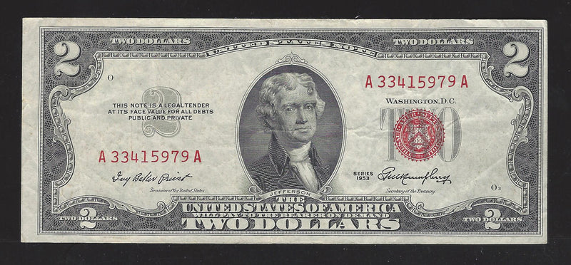 1953 USA $2 Two Dollar Bill Red Seal Number A33415979A (VF)