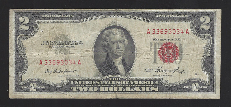 1953 USA $2 Two Dollar Bill Red Seal Number A33693034A (Fine)