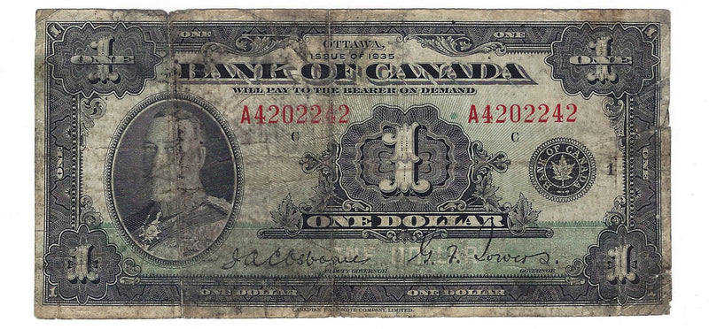 1935 Canada $1 Osborne-Towers, English,BC-1, Series C, VG