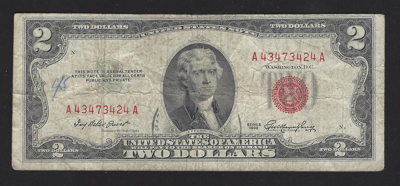 1953 USA $2 Two Dollar Bill Series (A) Red Seal Number A43473424A (VF)