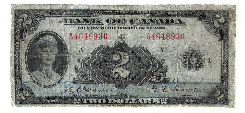 1935 Canada $2 Bank Of Canada  Osborne-Towers,English, BC-3 (VG/F)