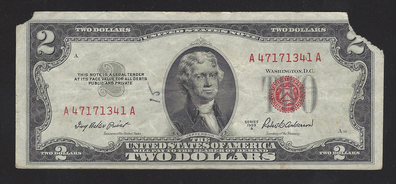 1953 A USA $2 Two Dollar Bill Red Seal Number A47171341A (VF) Damage