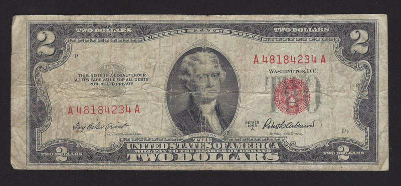 1953 A USA $2 Two Dollar Bill Red Seal Number A48184234A (VG-F)