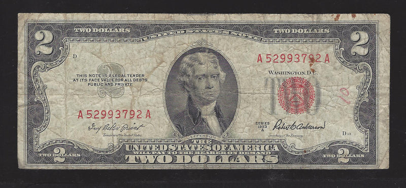 1953 A USA $2 Two Dollar Bill Red Seal Number A52993792A (VG-F)