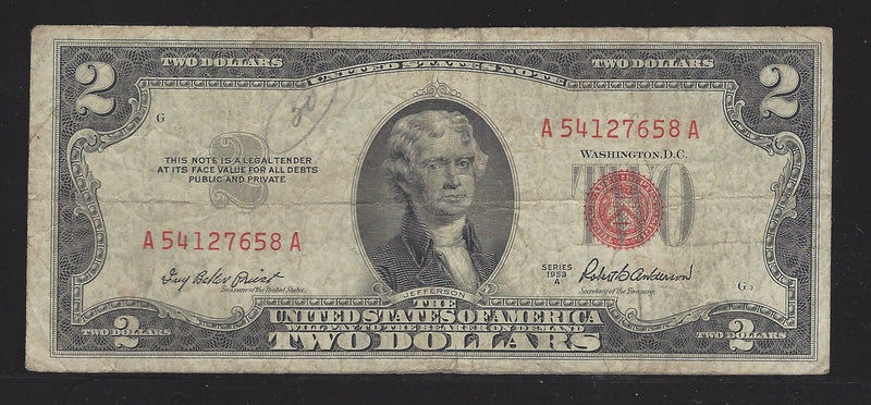 1953 A USA $2 Two Dollar Bill Red Seal Number A54127658A (VG-F)