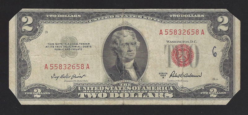 1953 A USA $2 Two Dollar Bill Red Seal Number A55832658A (VF) Damage