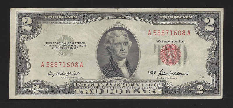 1953 A USA $2 Two Dollar Bill Red Seal Number A58871608A (VF)