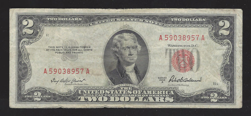 1953 A USA $2 Two Dollar Bill Red Seal Number A59038957A (F-VF)