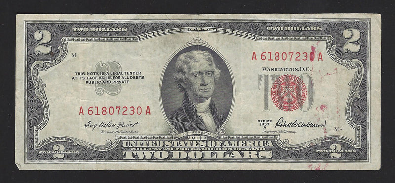 1953 A USA $2 Two Dollar Bill Red Seal Number A61807230A (VF)