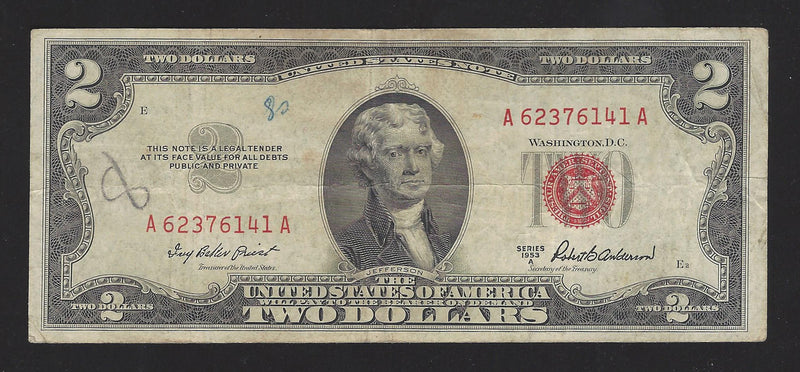 1953 A USA $2 Two Dollar Bill Series (A) Red Seal Number A62376141A (VF)