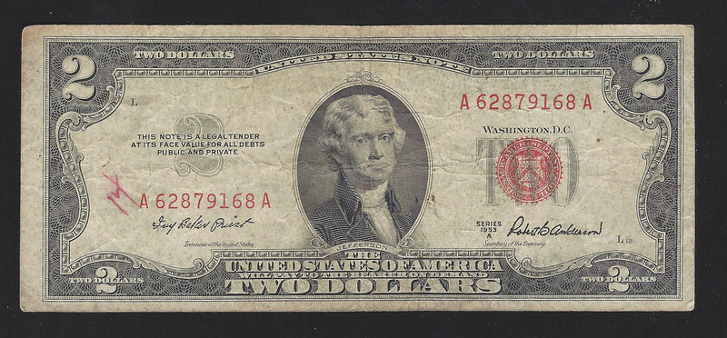 1953 A USA $2 Two Dollar Bill Series (A) Red Seal Number A62879168A (VG-F)