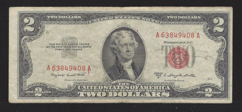 1953 B USA $2 Two Dollar Bill Series (A) Red Seal Number A63849408A (EF)