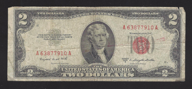 1953 B USA $2 Two Dollar Bill Series (A) Red Seal Number A63877910A (VG)