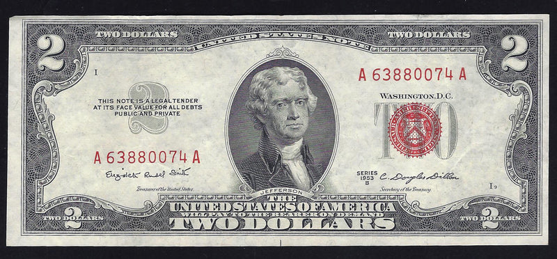 1953 B USA $2 Two Dollar Bill Series (A) Red Seal Number A63880074A (VF-EF)