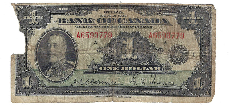 1935 Canada $1 Osborne-Towers, English,BC-1, Series A, Circ Damage