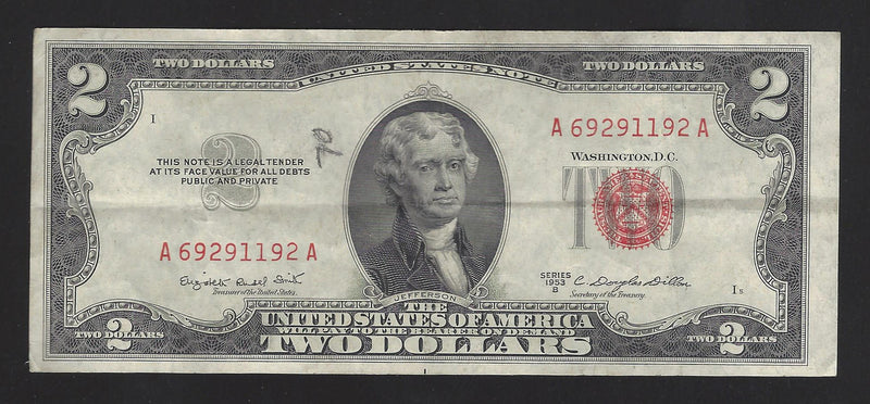 1953 B USA $2 Two Dollar Bill Series (A) Red Seal Number A69291192A (VF)