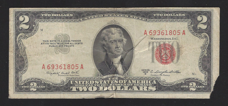 1953 B USA $2 Two Dollar Bill Series (A) Red Seal Number A69361805A (Fine) Damage