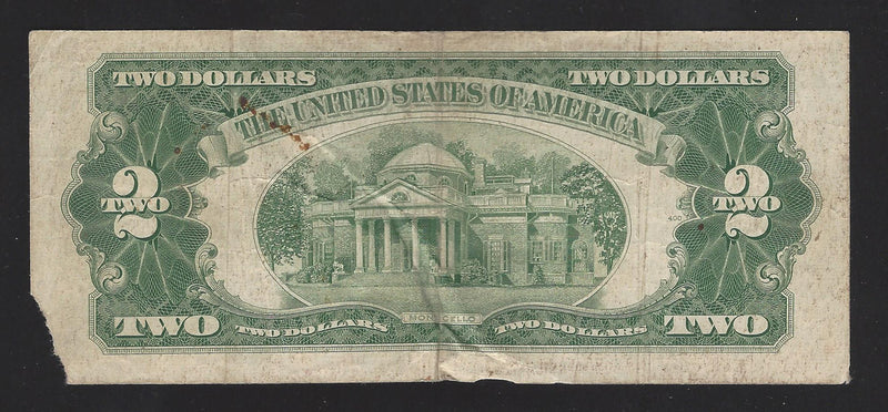 1953 B USA $2 Two Dollar Bill Series (A) Red Seal Number A69361805A (Fine) Damage