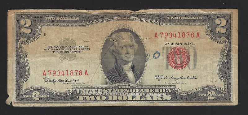 1953 C USA $2 Two Dollar Bill Red Seal Number A79341878A (VG)