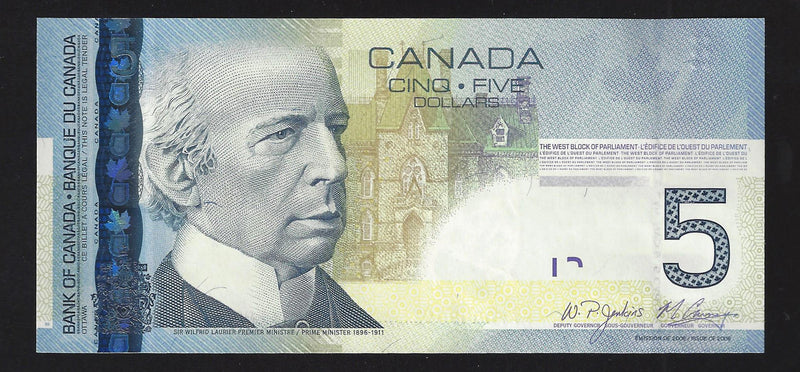 2009 $5 Bank Of Canada Note Jenkins-Carney AAF0009043 BC-67b (Gem/Unc)