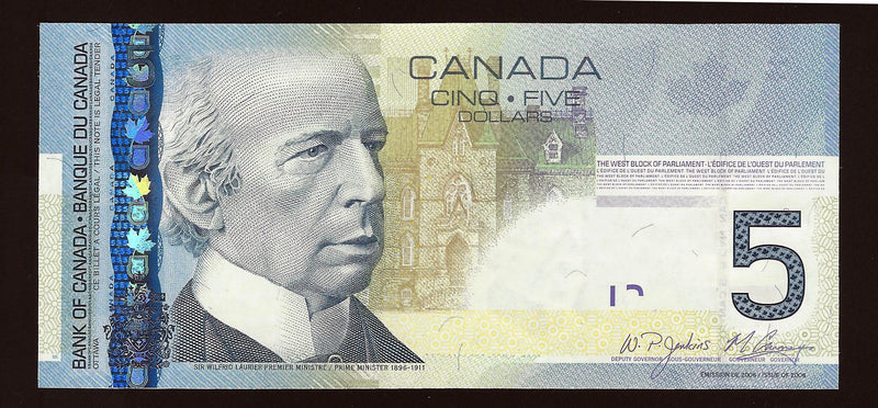 2009 $5 Bank Of Canada Note Jenkins-Carney Prefix AAG0643896 BC-67b (Gem/Unc)