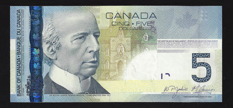 2009 $5 Bank Of Canada Note Jenkins-Carney AAG1436375 BC-67b (Gem/Unc)