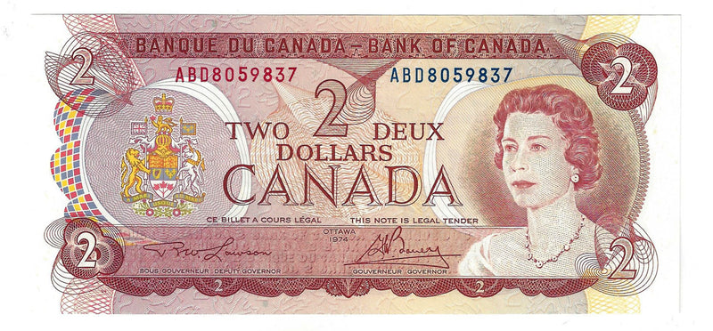 1974 $2 Banknote Lawson-Bouey, Prefix ABD,  BC-47a-i, Almost/Unc