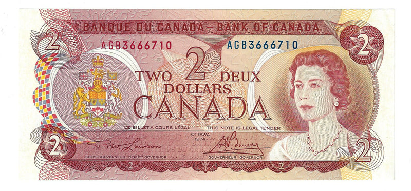 1974 $2 Banknote Lawson-Bouey, Prefix AGB,  BC-47a-i, Almost/Unc