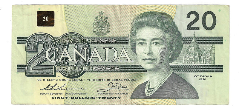 1991 Canada $20 Banknote Thiessen-Crow, AIX Without Serifs, BC-58aA-ii (Circ.)
