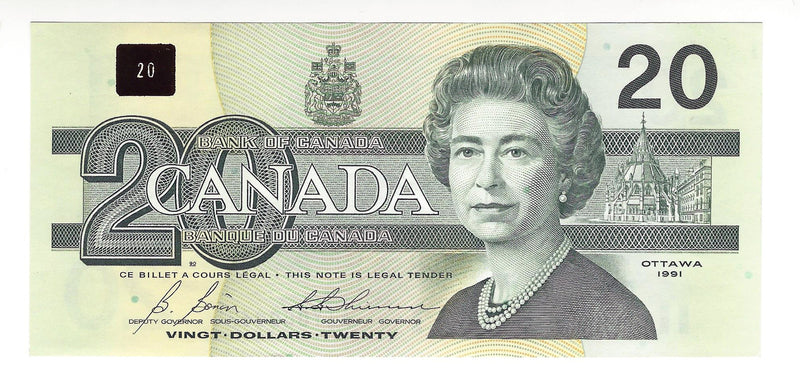 1991 Canada $20 Banknote Bonin-Thiessen, AIY, BC-58b-i (G/UNC)