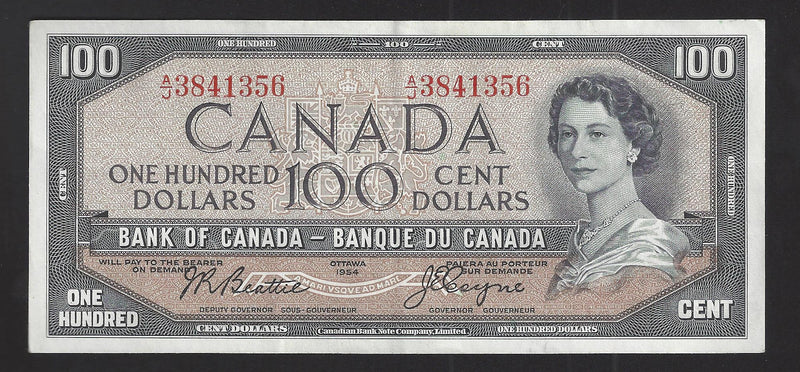 1954 $100 Bank of Canada Note Beattie-Coyne Prefix A/J3841356 BC-43a (EF)