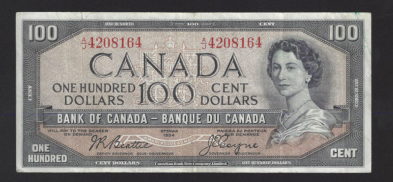 1954 $100 Bank of Canada Note Beattie-Coyne Prefix A/J4208164 BC-43a (VF)